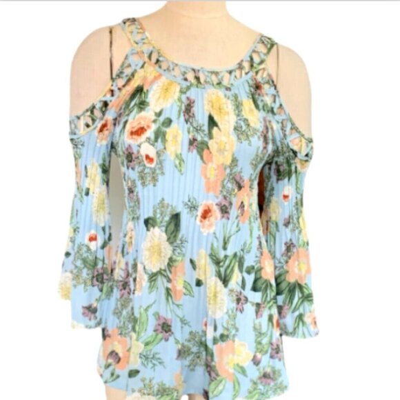 Spense Floral Top Lattice/Cutout Neck Open Shoulder Pleated Flare Sleeve M 14L - Picture 1 of 6